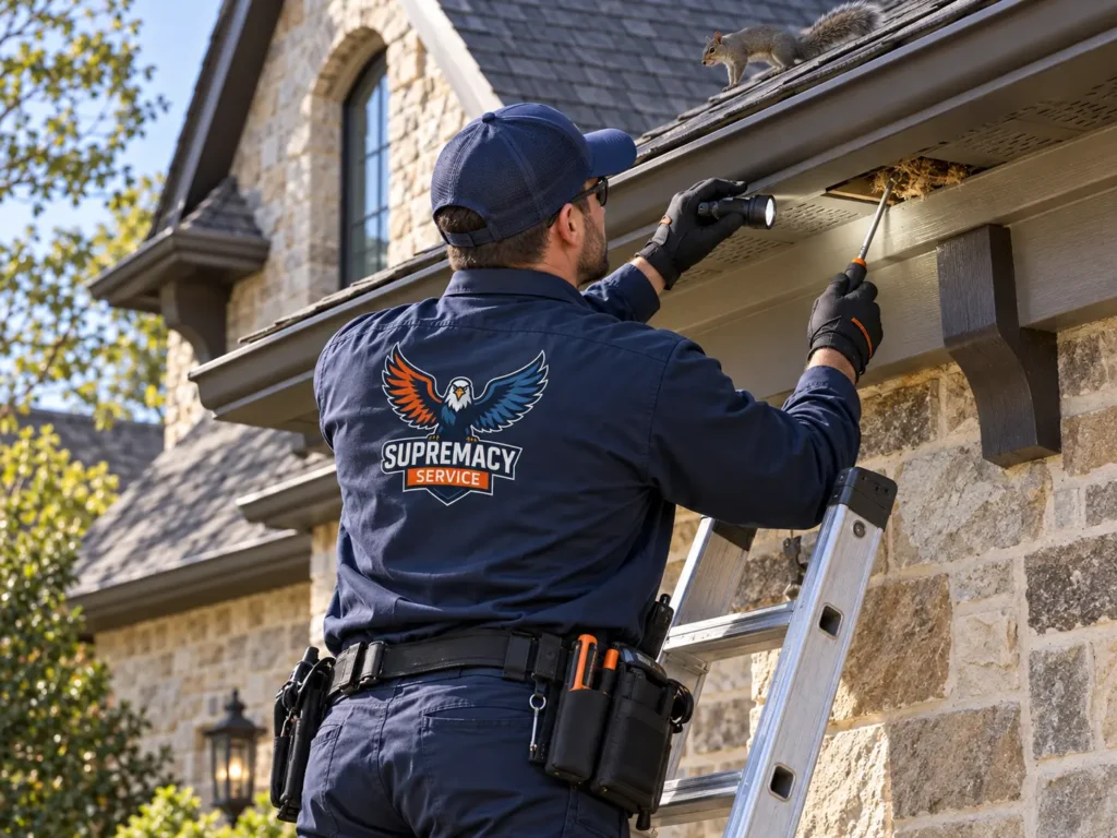 Technician inspecting roofline, soffit or attic
