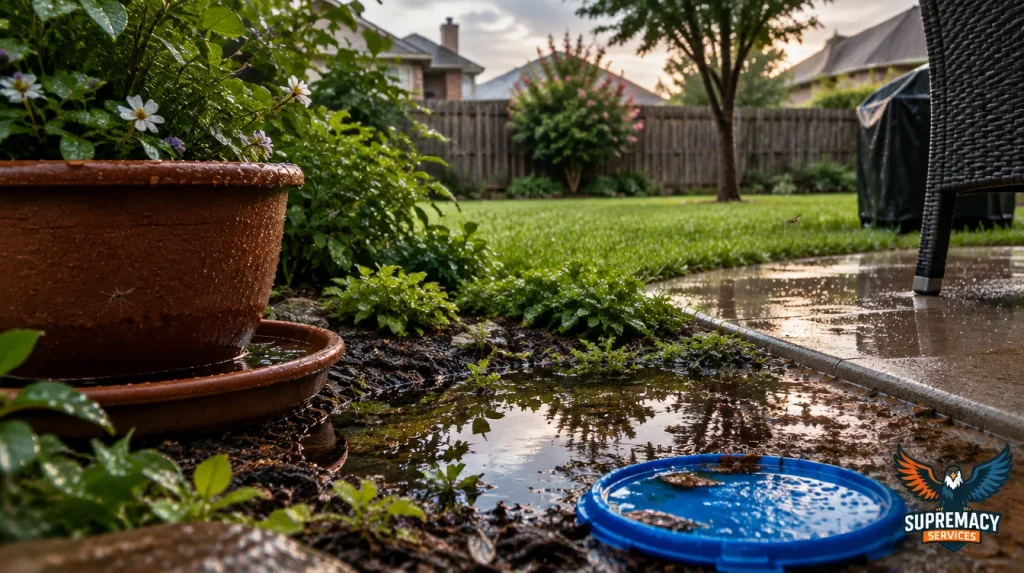 Rainwater collecting in containers and low areas of a North Texas backyard after a storm