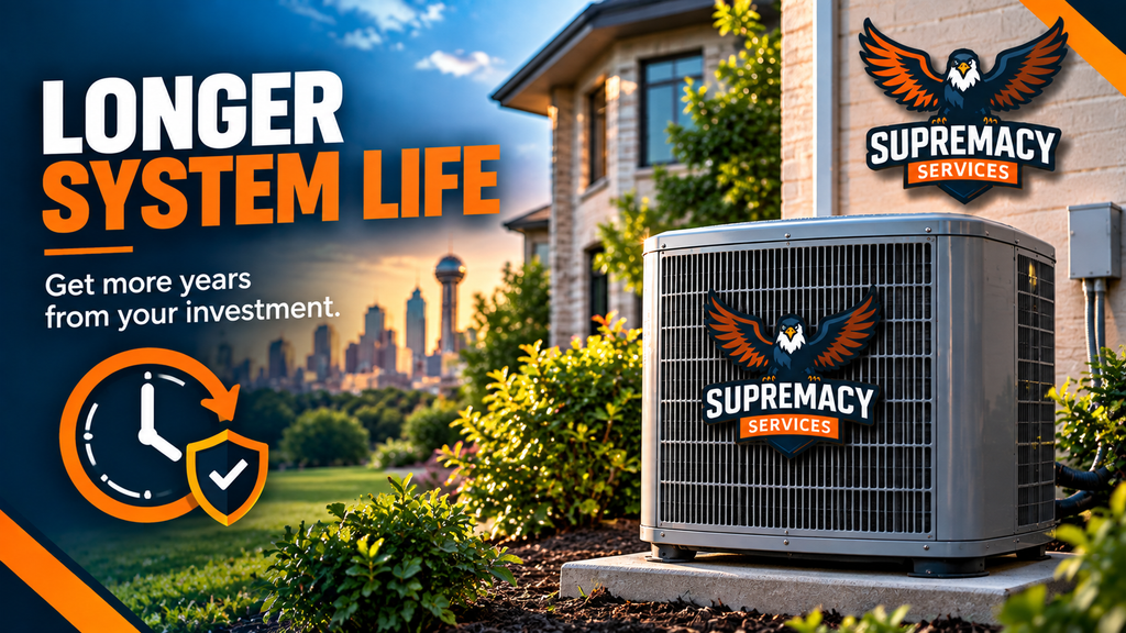 Well-maintained outdoor air conditioning system representing longer HVAC equipment life in Dallas
