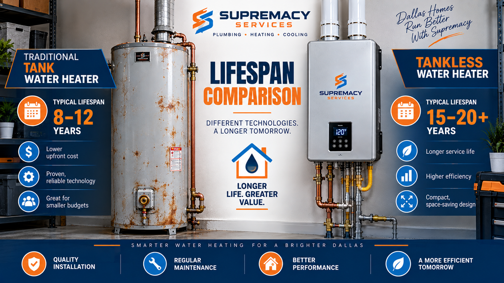 Tank vs. tankless water heater lifespan comparison for Dallas homeowners