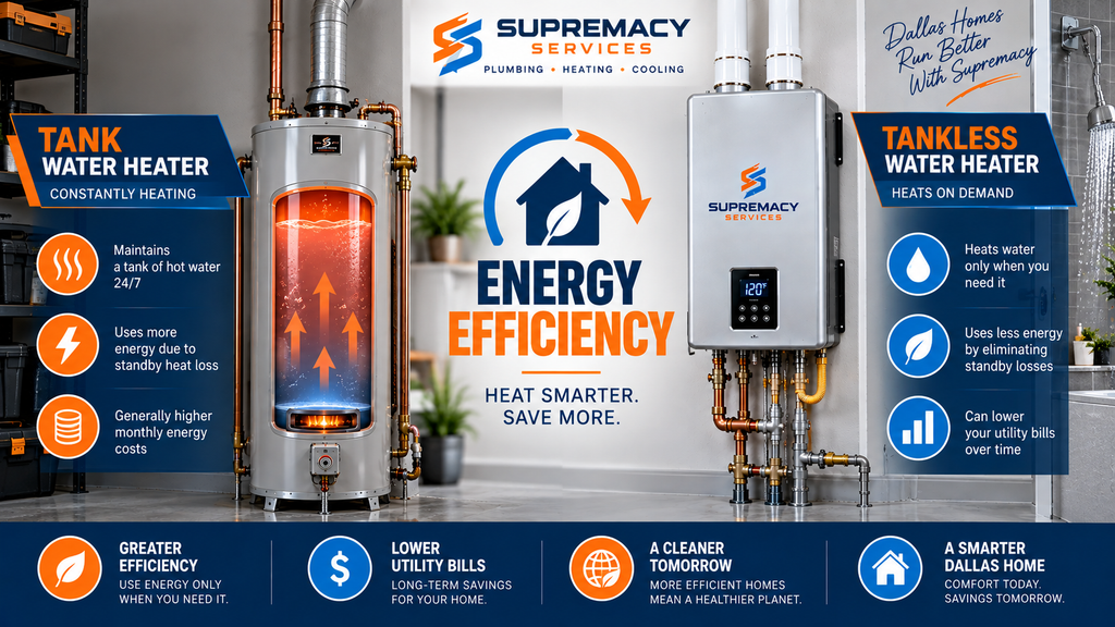 Tankless vs. tank water heater energy efficiency comparison in Dallas