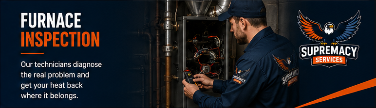  A professional HVAC technician in a Supremacy Service uniform carefully inspecting the internal mechanical and electrical components of a residential furnace.