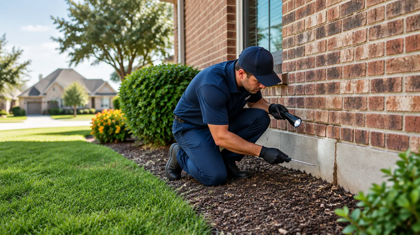 Pest control technician inspecting a North Texas home foundation for termite activity