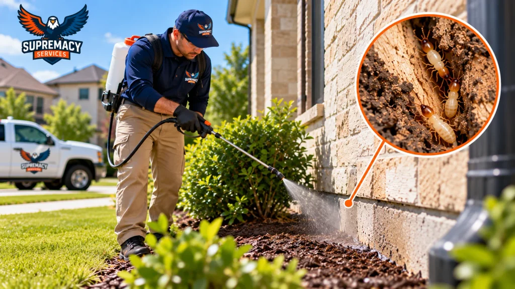 Suspected subterranean termite mud tube running along a residential concrete foundation