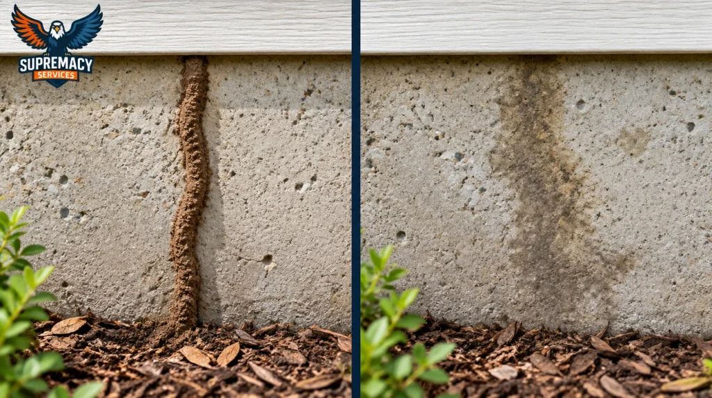 Termite mud tube compared with a dirt or water stain on a concrete foundation