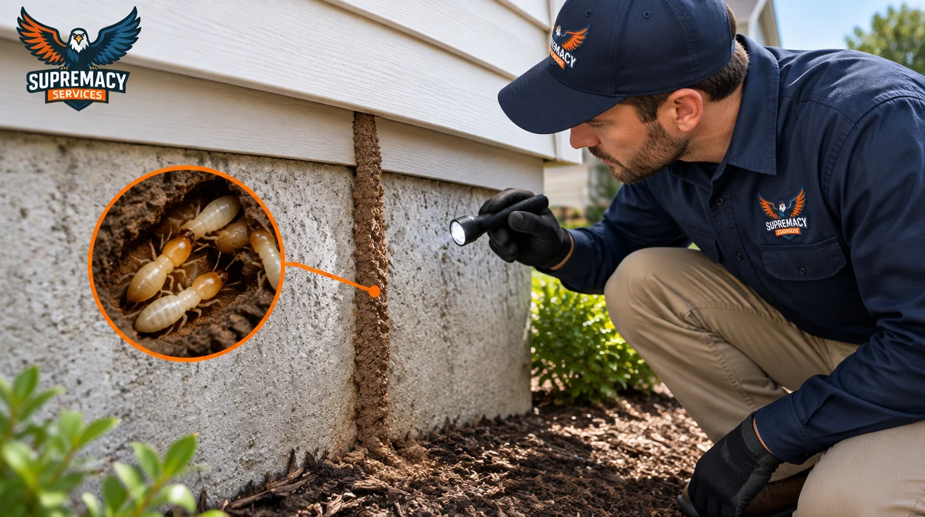 Raised termite mud tube on a concrete home foundation in Dallas, TX