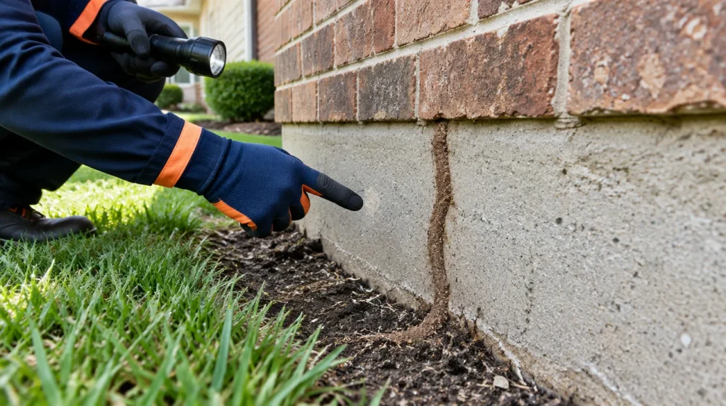 Subterranean termite mud tube on the concrete foundation of a North Texas home
