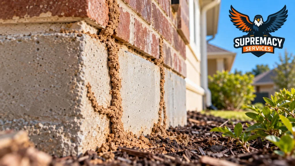 Subterranean termite mud tubes running from the soil onto the brick and concrete foundation of a home.
