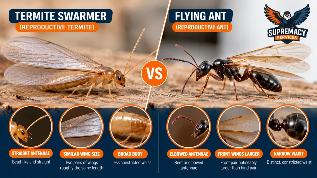 Side-by-side comparison of a termite swarmer and flying ant showing differences in antennae, wings and body shape.