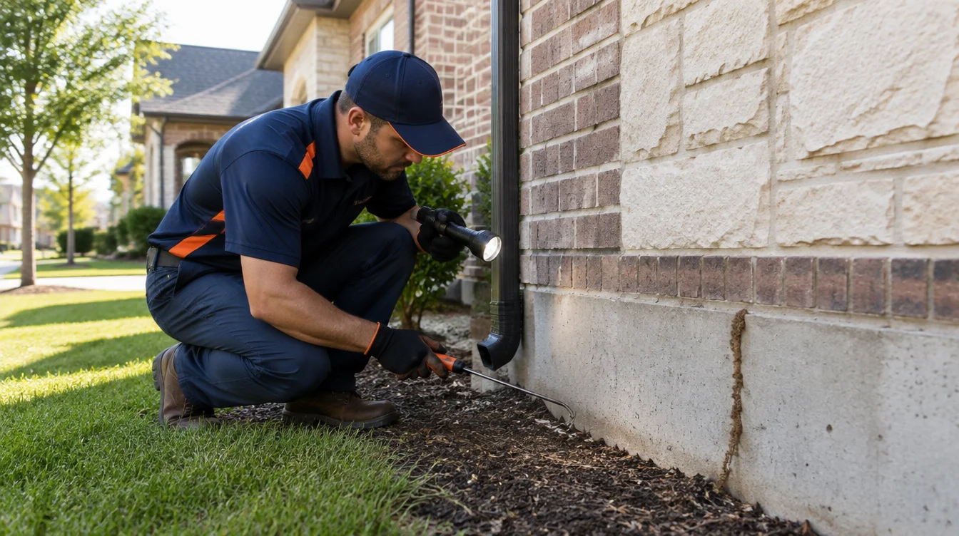 Pest control technician inspecting a North Texas home foundation for signs of termite activity
