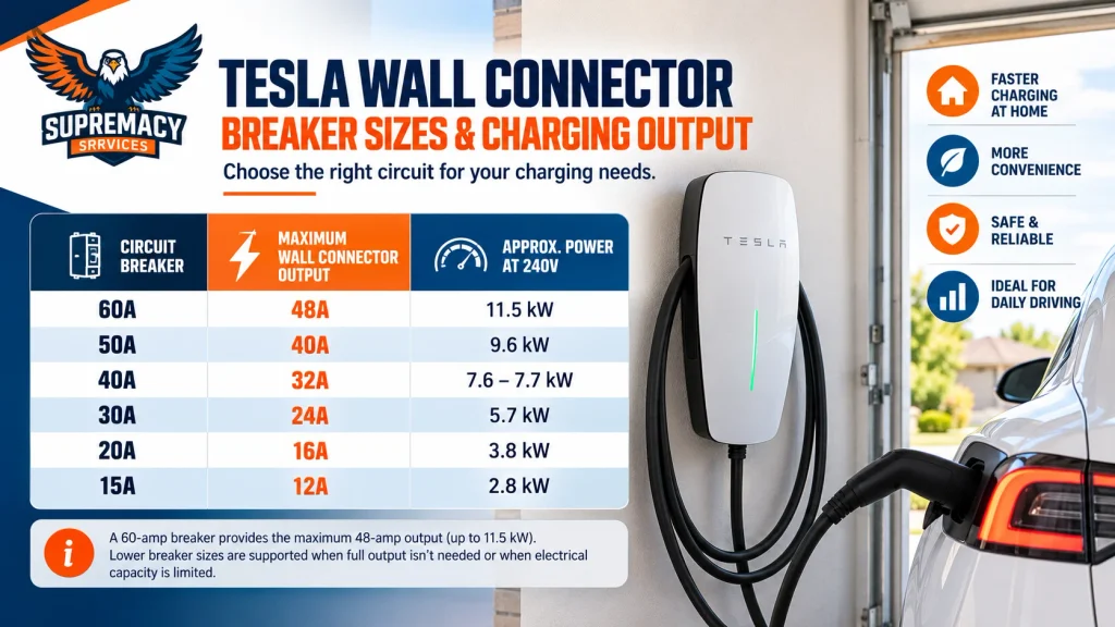 Tesla Wall Connector breaker sizes from 15 to 60 amps with corresponding maximum charging output