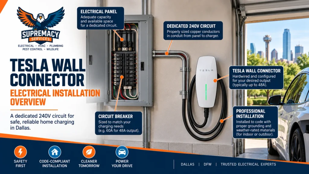 Diagram showing electrical panel, dedicated 240-volt circuit and hardwired Tesla Wall Connector installation