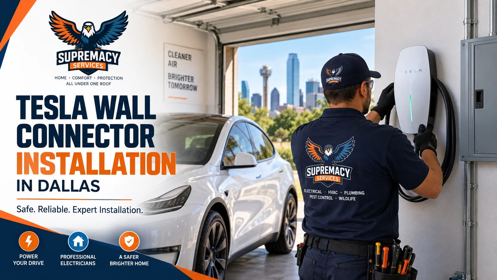 Supremacy Services electrician installing a Tesla Wall Connector in a Dallas home garage