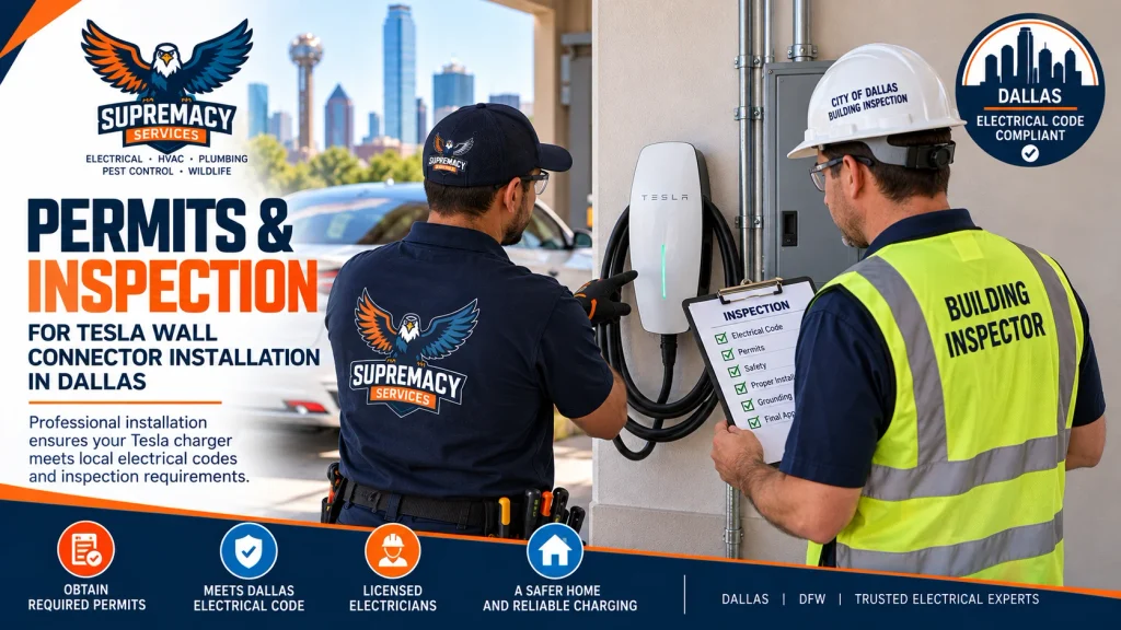 Electrician and building inspector reviewing a Tesla Wall Connector installation for Dallas electrical code compliance