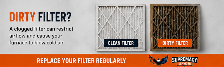Side-by-side comparison of a clean white furnace filter and a dirty, dust-clogged brown furnace filter.