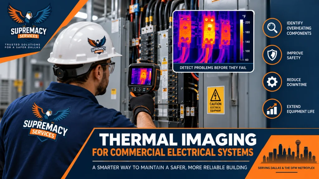 Electrician using an infrared thermal camera to inspect commercial electrical panels for abnormal heat