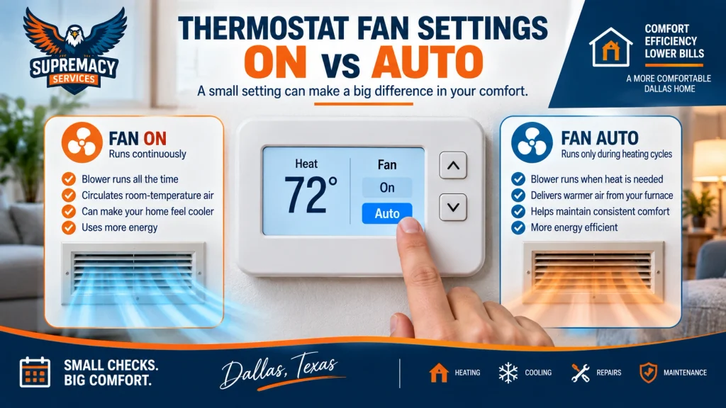 Thermostat fan ON versus AUTO settings showing how AUTO supports normal furnace heating cycles