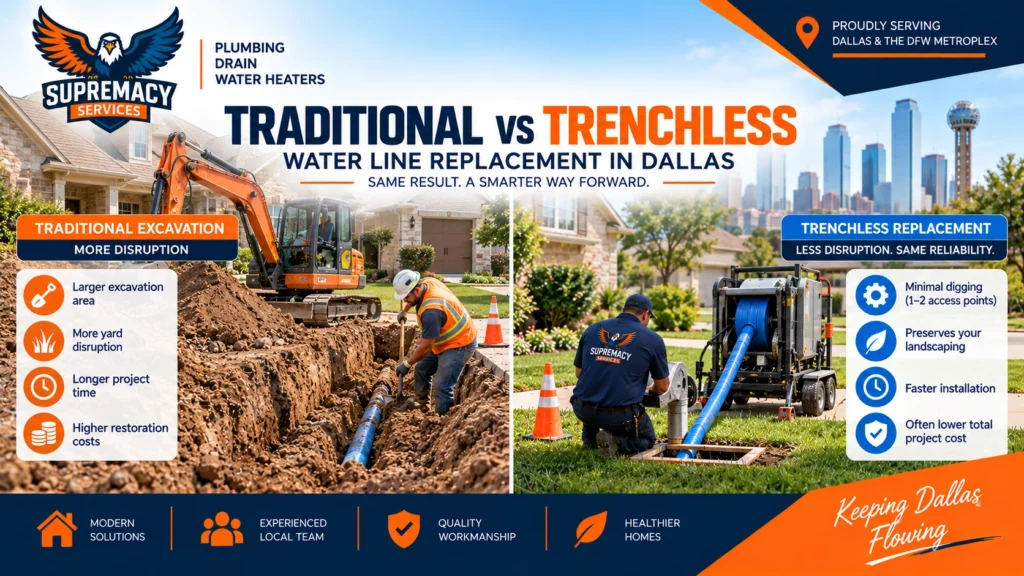 Traditional excavation compared with trenchless water line replacement at a Dallas residential property