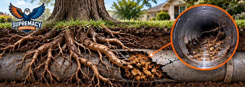 Tree root intrusion causing sewer line damage in Dallas TX.