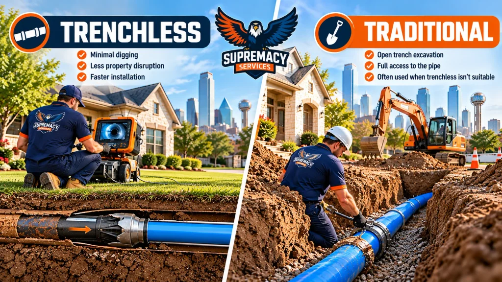 Trenchless water line replacement compared with traditional open-trench excavation at Dallas homes