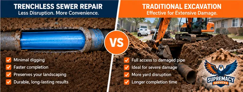 Trenchless sewer line repair versus traditional sewer excavation in Dallas.