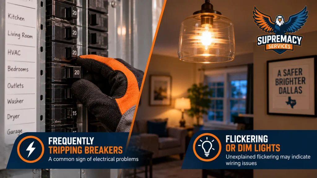 Circuit breaker panel and flickering home light showing common electrical wiring warning signs