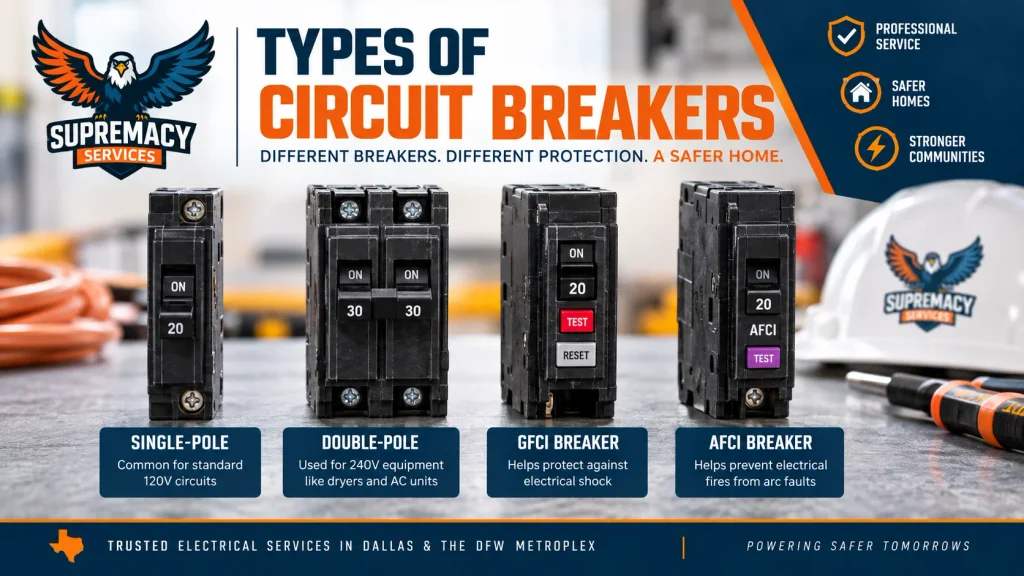 Single-pole, double-pole, GFCI and AFCI circuit breakers used in residential electrical systems
