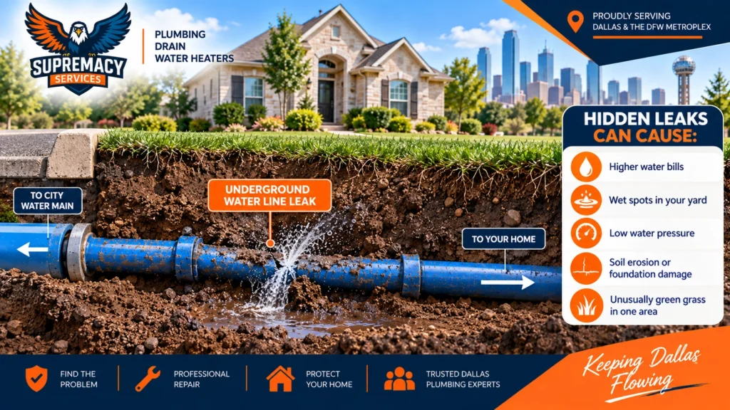 Cutaway illustration of a leaking underground water service line beneath a Dallas home and yard
