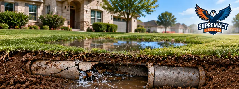 Cracked sewer line causing a wet yard at a Dallas home.