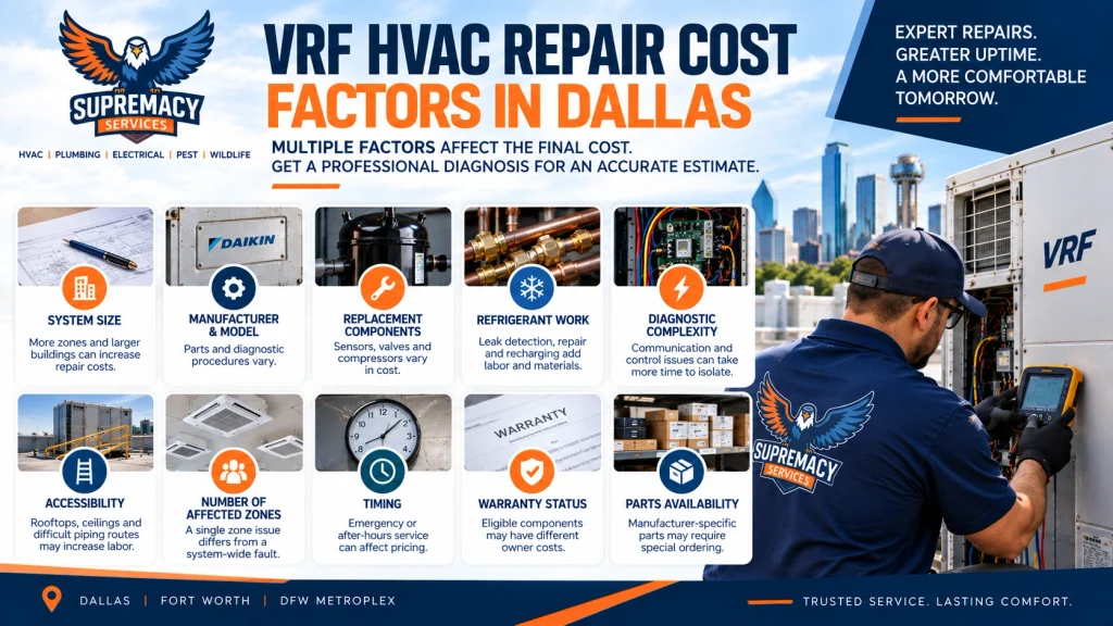 Infographic showing factors that affect VRF repair costs, including parts, refrigerant work, system size and diagnostics