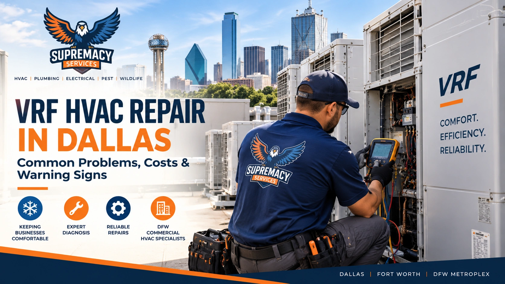 Supremacy Services technician diagnosing a commercial VRF HVAC system in Dallas, Texas