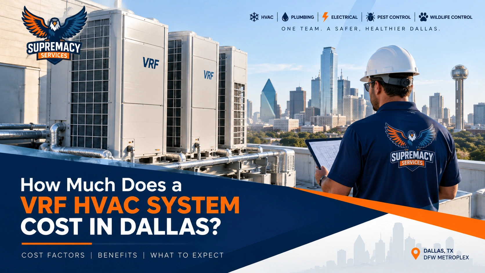 Commercial VRF HVAC system on a Dallas rooftop with a Supremacy Services technician evaluating the equipment