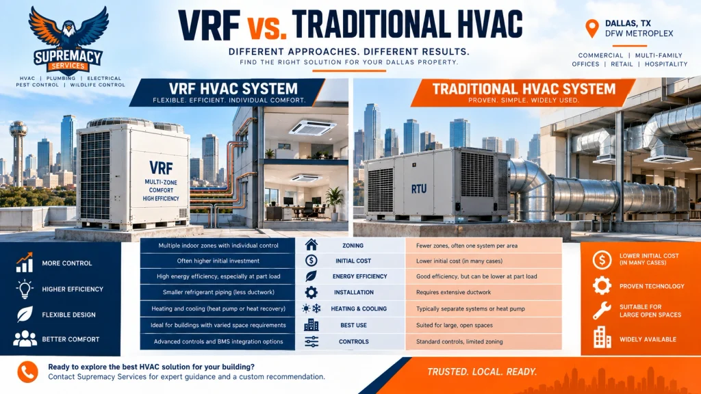 Comparison of a multi-zone VRF HVAC system and traditional rooftop HVAC system for a commercial Dallas property