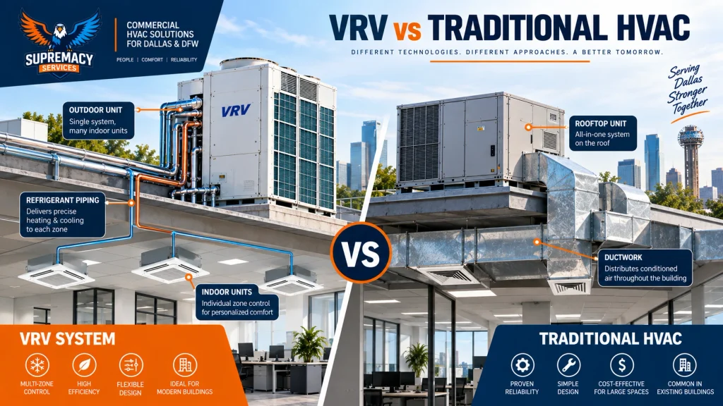 VRV refrigerant piping and indoor units compared with a traditional rooftop HVAC unit and ductwork