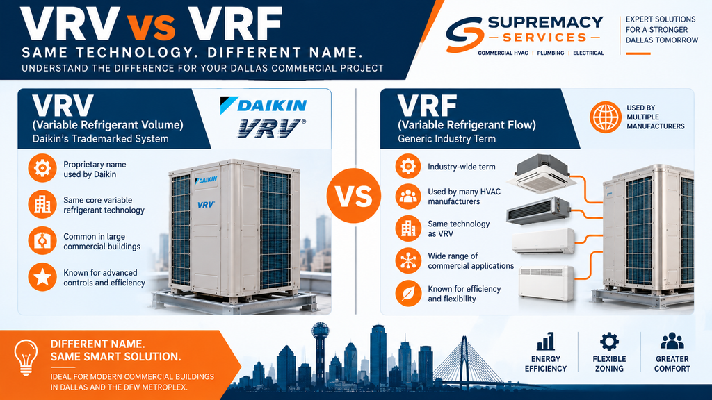 VRV vs VRF comparison explaining Daikin VRV terminology and the general VRF HVAC category