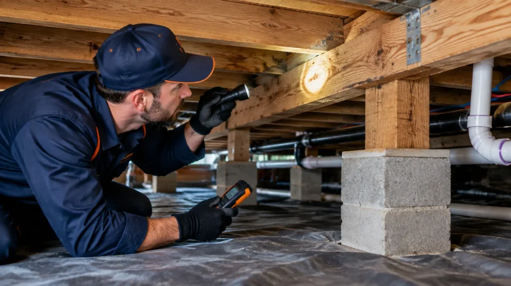 Pest professional inspecting wooden structural components beneath a North Texas pier-and-beam home