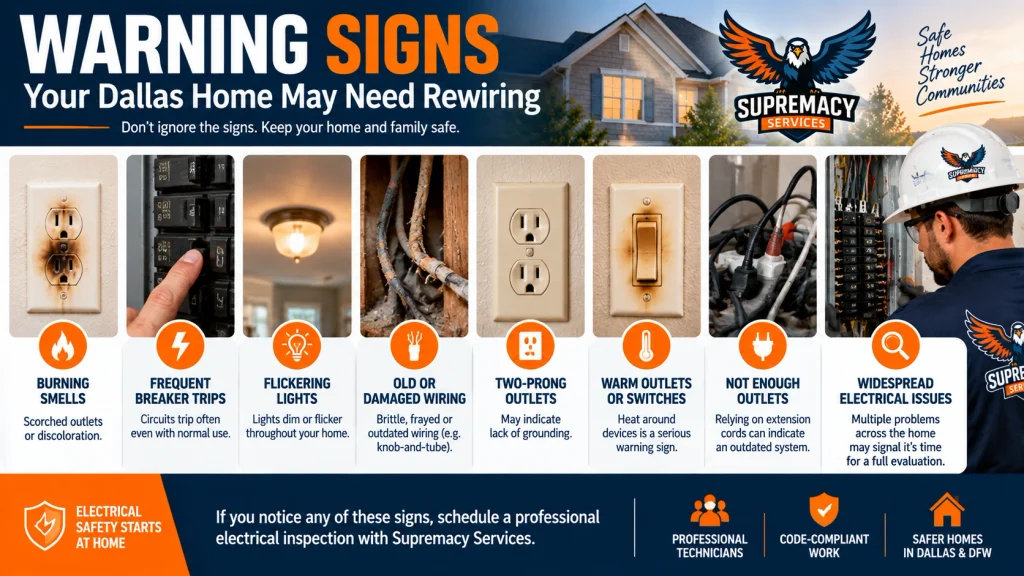 Electrical rewiring warning signs including scorched outlets, breaker trips, flickering lights, damaged wiring and warm switches