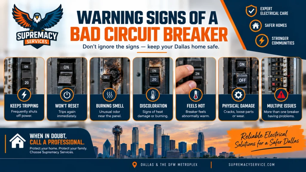 Warning signs of a circuit breaker problem including repeated tripping, heat, burning odor and visible damage