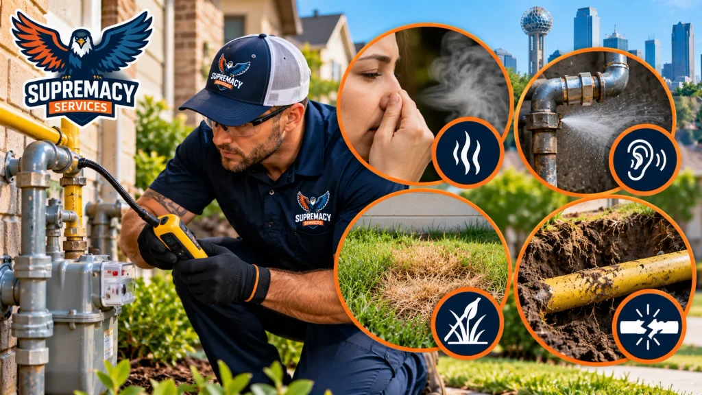 Gas leak warning signs including unusual odor, hissing, damaged piping and dead vegetation near a buried gas line