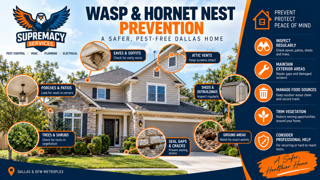 Dallas home infographic highlighting eaves, attic vents, porches, sheds, shrubs, exterior gaps and ground areas to inspect for wasp nests.