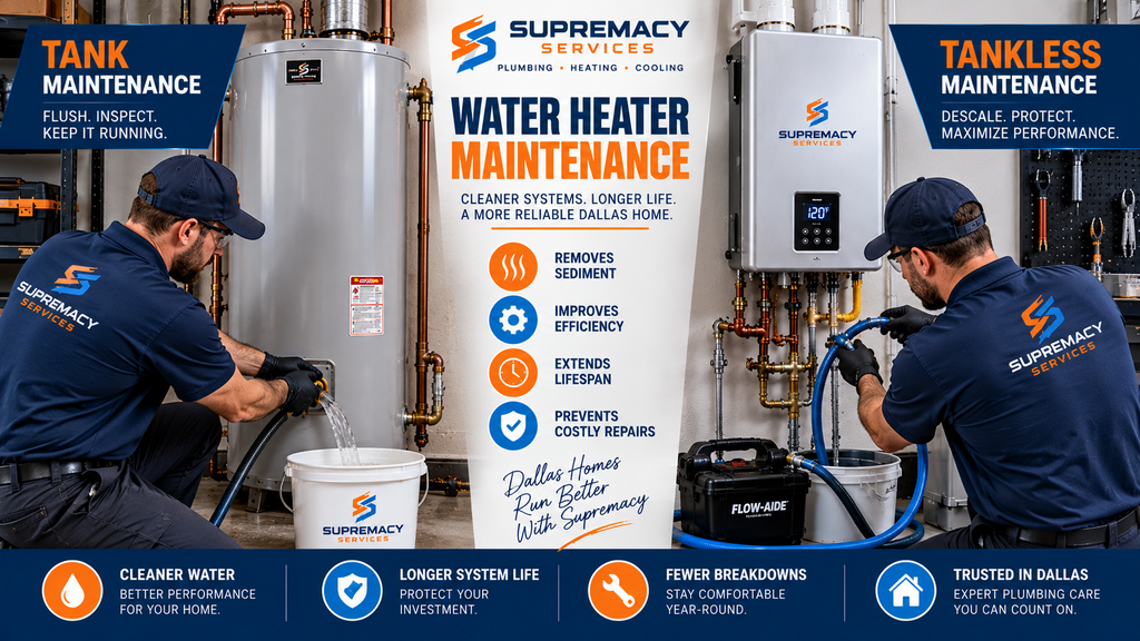 Technicians performing tank flushing and tankless water heater maintenance in Dallas TX