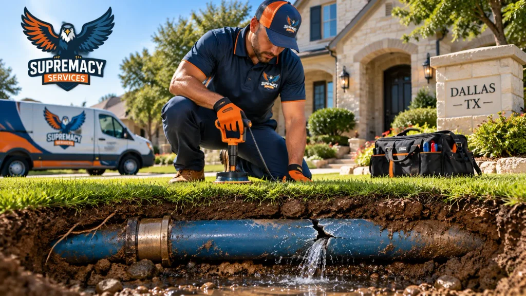 Supremacy Services plumber repairing an underground residential water line in Dallas TX