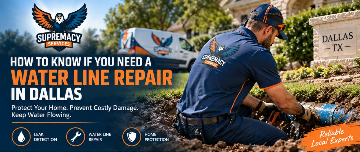 Water line repair Dallas technician inspecting a damaged underground pipe for Supremacy Services