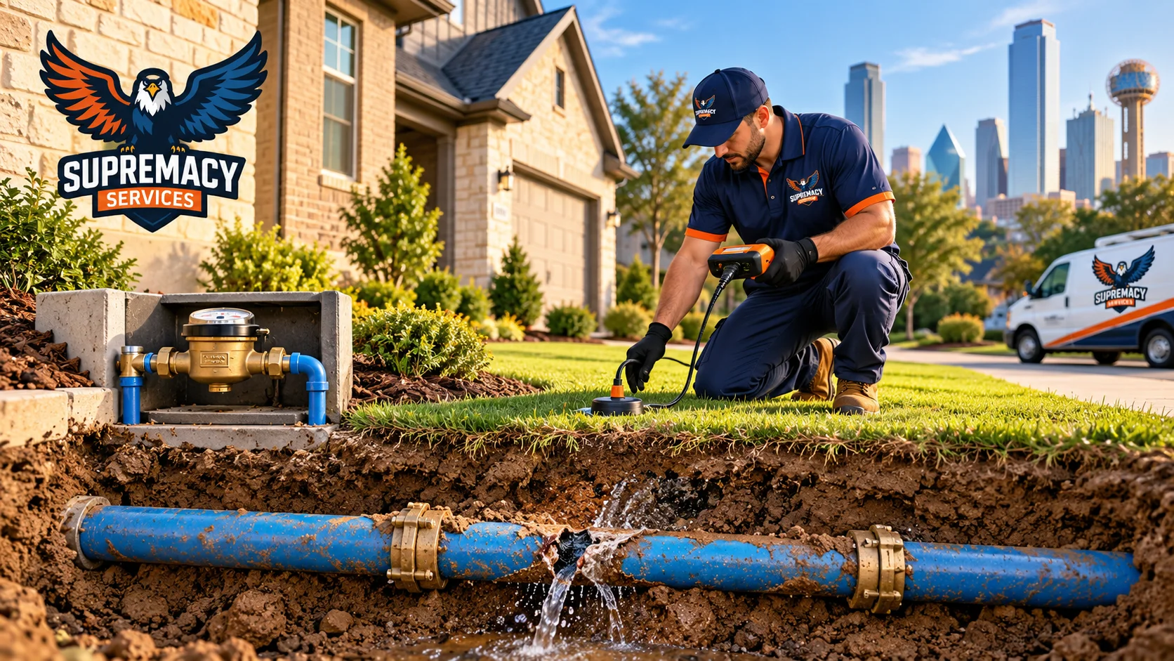 Supremacy Services technician inspecting a leaking underground residential water line in Dallas
