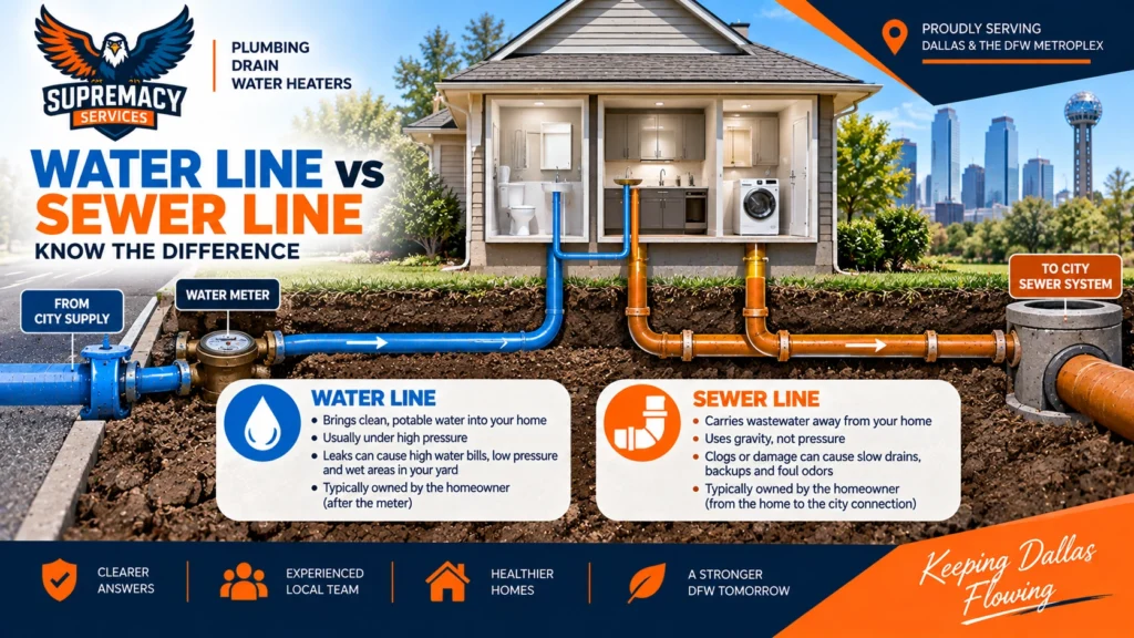 Diagram comparing a home's incoming water supply line with the outgoing sewer line in Dallas