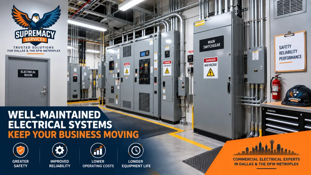 Organized commercial electrical room with accessible switchgear, panels, conduits and safety labeling