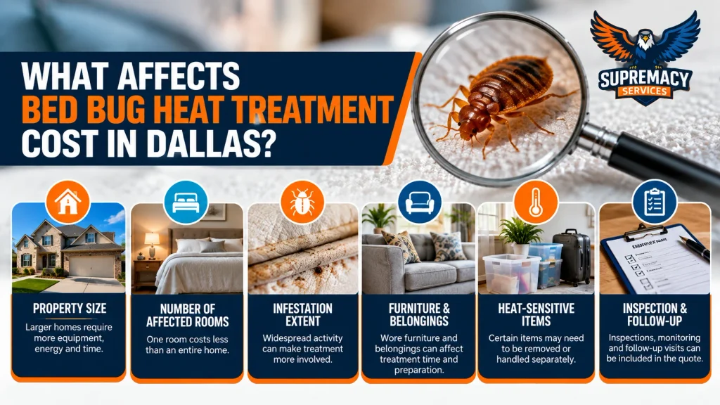 Infographic showing property size, affected rooms, infestation extent, furniture and other factors that can influence bed bug treatment cost.