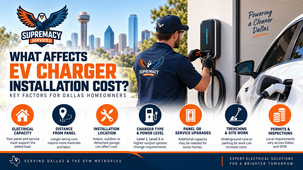 EV charger installation cost factors including panel capacity, wiring distance, charger type and electrical upgrades