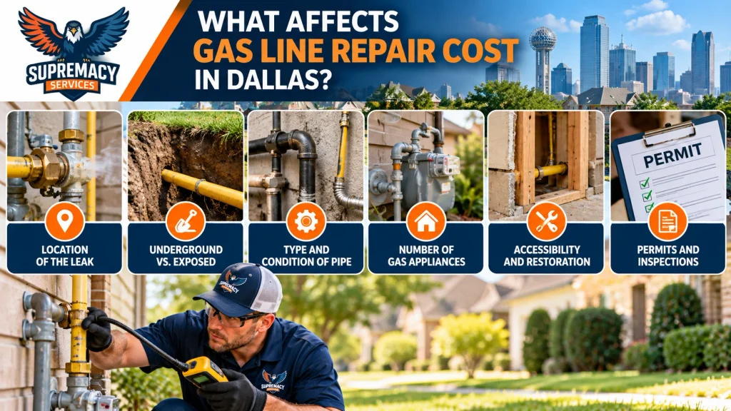 Infographic showing factors that can affect gas line repair costs, including leak location, pipe condition, access and permits