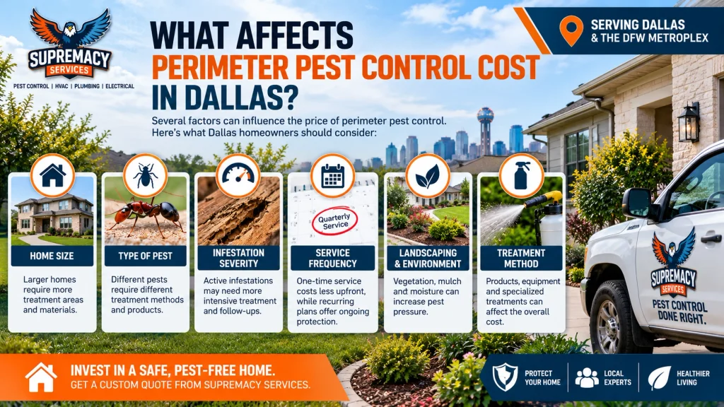 Factors affecting perimeter pest control cost in Dallas including home size, pest type, infestation severity, service frequency and treatment method